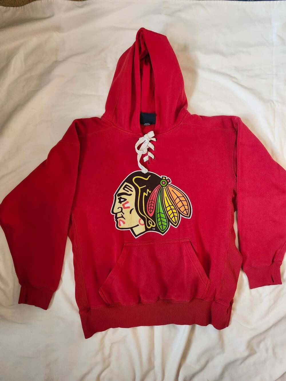 J America Chicago Blackhawks Hockey Lace Up Hoodie Size L Red